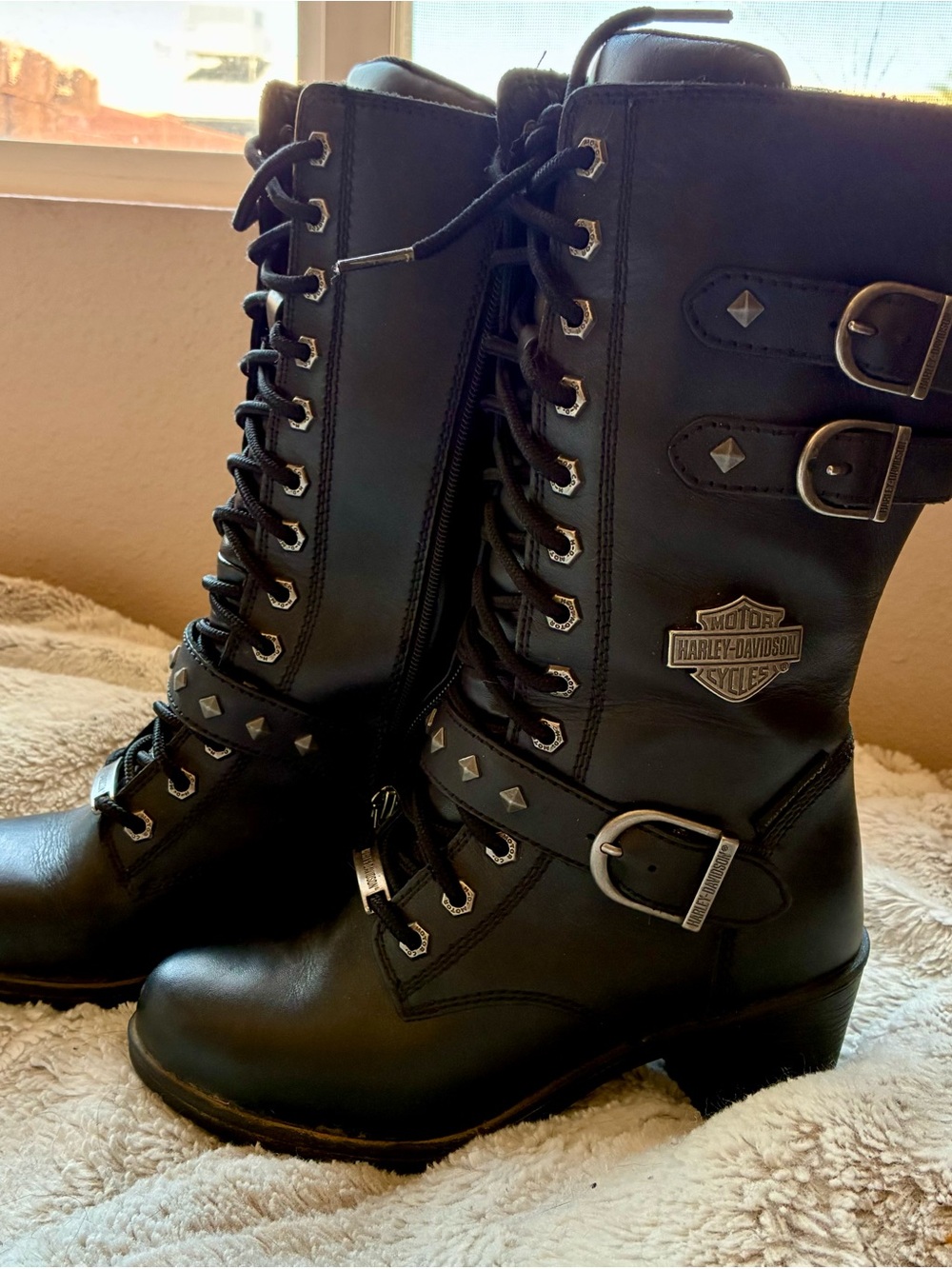 Harley-Davidson Black Lace-Up Studded Buckle Boots
